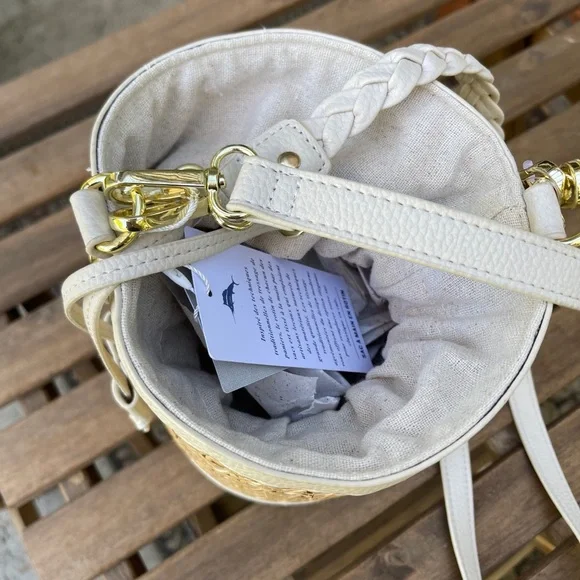 Adorable & RARE Tommy Bahama Handmade Rattan Woven Bucket Bag Purse NWT Khaki - Picture 3 of 6